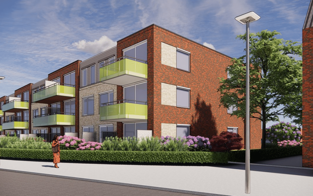 Artist Impression van Waddinxveen Centraal aan de Stationsstraat 5. Een modern appartementengebouw van drie verdiepingen met een mix van rode bakstenen en beige buitenmuren. De balkons hebben groene glazen balustrades. Een persoon staat op de stoep te kijken naar het groen rondom het gebouw.