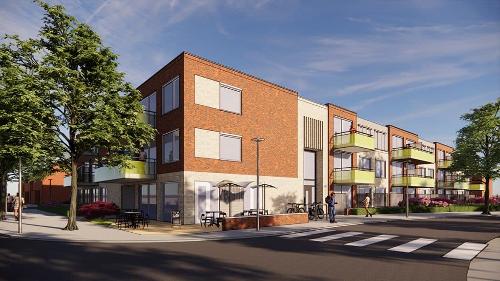 Artist Impression van Waddinxveen Centraal aan de Stationsstraat 5. Een modern appartementengebouw van drie verdiepingen met een mix van rode bakstenen en beige buitenmuren. Op de hoek op de begaande vloer is een café te zien met een terras waar mensen kunnen zitten. De balkons hebben groene glazen balustrades.