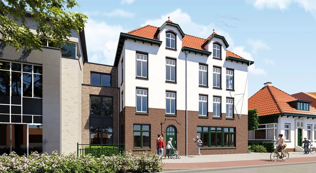 artist impression van het zorgcentrum wat op Kerkweg-Oost 155-157 gebouwd gaat worden. Gebouw van drie verdiepingen waarvan de onderkant in baksteenkleur is en de bovenste helft witte muren heeft en rode dakpannen. Staat tussen twee andere gebouwen in waarvan het gebouw rechts grijs is en het gebouw links ook wit is met een rood dak.