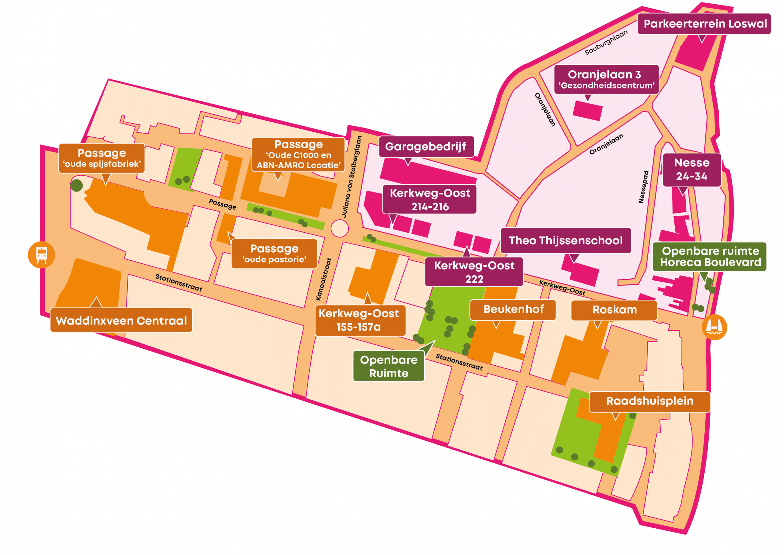 Plattegrond Sleutelkwartier. Hierop staan alle verschillende projecten te zien: Passage oude spijsfabriek, Passage oude C1000 en ABN-Amro locatie, Passage oude pastorie, Raadhuisplein, Roskam, Beukenhof, Waddinxveen Centraal. Bij het project Sleutelkwartier Noord horen de volgende locaties, die staan in een andere kleur weergegeven: Garagebedrijf, Kerkweg-Oost 214-216, Kerkweg-Oost 222, Kerkweg-Oost 155,157a, Theo Thijssenschool, Oranjelaan 3, Parkeerterrein Loswal, Nesse 24-34, Openbare ruimte Horeca Boulevard de Nesse, 