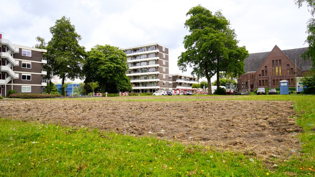 Foto van het ingezaaide grasveld aan de Passage op de locatie van de oude spijsfabriek. 