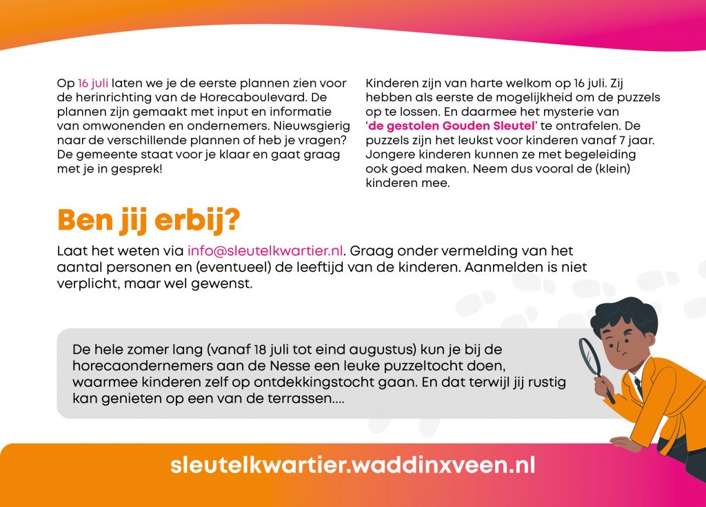 Achterkant uitnodiging me alle informatie erop voor 16 juli