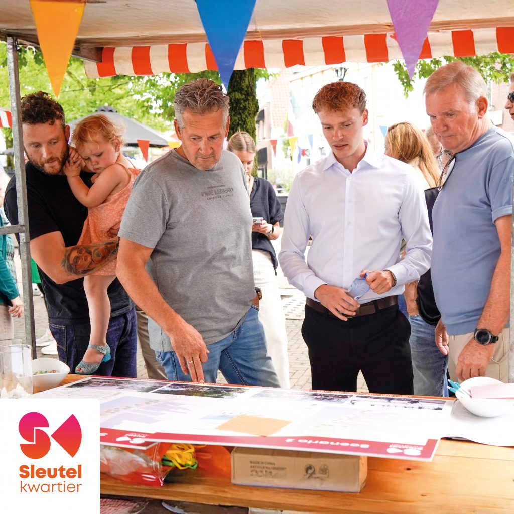 Buurtbewoners en projectleider SK Noord bespreken de borden die in een kraampje liggen.